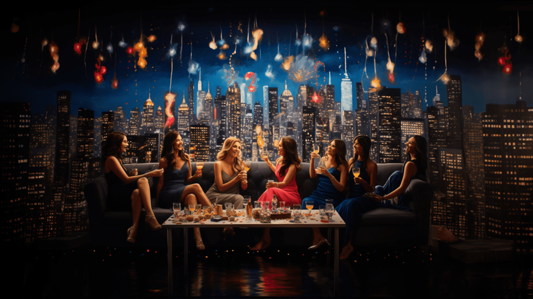 Create an image showcasing a group of stylish, empowered, and joyous women celebrating a bachelorette party with vibrant city lights as the backdrop, exuding a modern and unforgettable vibe